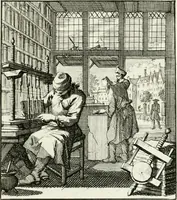 An illustration from Spiegel van 't menschelyk bedryf : vertonende hondert-verscheyde ambagten zeer konstig afgebeeld en met zeer zinryke spreuken en stigtelyke versen verrykt (1694)