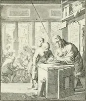 An illustration from Spiegel van 't menschelyk bedryf : vertonende hondert-verscheyde ambagten zeer konstig afgebeeld en met zeer zinryke spreuken en stigtelyke versen verrykt (1694)