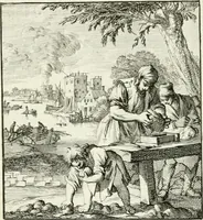 Picture 71 of 100 from Spiegel van 't menschelyk bedryf : vertonende hondert-verscheyde ambagten zeer konstig afgebeeld en met zeer zinryke spreuken en stigtelyke versen verrykt (1694), leaf 150