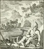 Picture 75 of 100 from Spiegel van 't menschelyk bedryf : vertonende hondert-verscheyde ambagten zeer konstig afgebeeld en met zeer zinryke spreuken en stigtelyke versen verrykt (1694), leaf 158
