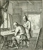 Picture 82 of 100 from Spiegel van 't menschelyk bedryf : vertonende hondert-verscheyde ambagten zeer konstig afgebeeld en met zeer zinryke spreuken en stigtelyke versen verrykt (1694), leaf 172