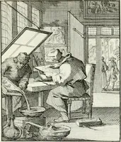 An illustration from Spiegel van 't menschelyk bedryf : vertonende hondert-verscheyde ambagten zeer konstig afgebeeld en met zeer zinryke spreuken en stigtelyke versen verrykt (1694)