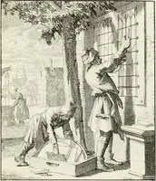 Picture 6 of 100 from Spiegel van 't menschelyk bedryf : vertonende hondert-verscheyde ambagten zeer konstig afgebeeld en met zeer zinryke spreuken en stigtelyke versen verrykt (1694), leaf 18