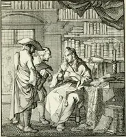 An illustration from Spiegel van 't menschelyk bedryf : vertonende hondert-verscheyde ambagten zeer konstig afgebeeld en met zeer zinryke spreuken en stigtelyke versen verrykt (1694)