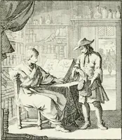 An illustration from Spiegel van 't menschelyk bedryf : vertonende hondert-verscheyde ambagten zeer konstig afgebeeld en met zeer zinryke spreuken en stigtelyke versen verrykt (1694)