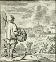 Picture 95 of 100 from Spiegel van 't menschelyk bedryf : vertonende hondert-verscheyde ambagten zeer konstig afgebeeld en met zeer zinryke spreuken en stigtelyke versen verrykt (1694), leaf 198