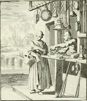 An illustration from Spiegel van 't menschelyk bedryf : vertonende hondert-verscheyde ambagten zeer konstig afgebeeld en met zeer zinryke spreuken en stigtelyke versen verrykt (1694)