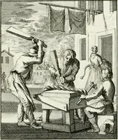 Picture 14 of 100 from Spiegel van 't menschelyk bedryf : vertonende hondert-verscheyde ambagten zeer konstig afgebeeld en met zeer zinryke spreuken en stigtelyke versen verrykt (1694), leaf 34