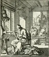 An illustration from Spiegel van 't menschelyk bedryf : vertonende hondert-verscheyde ambagten zeer konstig afgebeeld en met zeer zinryke spreuken en stigtelyke versen verrykt (1694)