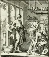 An illustration from Spiegel van 't menschelyk bedryf : vertonende hondert-verscheyde ambagten zeer konstig afgebeeld en met zeer zinryke spreuken en stigtelyke versen verrykt (1694)
