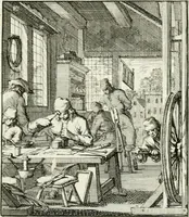 An illustration from Spiegel van 't menschelyk bedryf : vertonende hondert-verscheyde ambagten zeer konstig afgebeeld en met zeer zinryke spreuken en stigtelyke versen verrykt (1694)