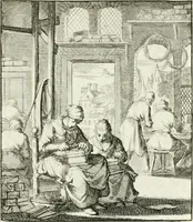 An illustration from Spiegel van 't menschelyk bedryf : vertonende hondert-verscheyde ambagten zeer konstig afgebeeld en met zeer zinryke spreuken en stigtelyke versen verrykt (1694)