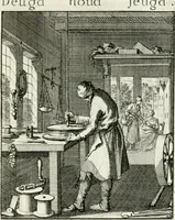 Picture 25 of 100 from Spiegel van 't menschelyk bedryf : vertonende hondert-verscheyde ambagten zeer konstig afgebeeld en met zeer zinryke spreuken en stigtelyke versen verrykt (1694), leaf 56