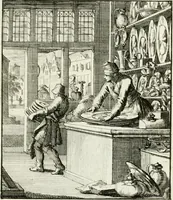 An illustration from Spiegel van 't menschelyk bedryf : vertonende hondert-verscheyde ambagten zeer konstig afgebeeld en met zeer zinryke spreuken en stigtelyke versen verrykt (1694)
