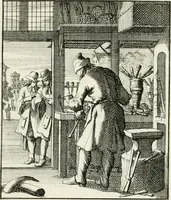 An illustration from Spiegel van 't menschelyk bedryf : vertonende hondert-verscheyde ambagten zeer konstig afgebeeld en met zeer zinryke spreuken en stigtelyke versen verrykt (1694)