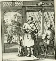 An illustration from Spiegel van 't menschelyk bedryf : vertonende hondert-verscheyde ambagten zeer konstig afgebeeld en met zeer zinryke spreuken en stigtelyke versen verrykt (1694)
