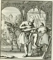 An illustration from Spiegel van 't menschelyk bedryf : vertonende hondert-verscheyde ambagten zeer konstig afgebeeld en met zeer zinryke spreuken en stigtelyke versen verrykt (1694)