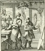 An illustration from Spiegel van 't menschelyk bedryf : vertonende hondert-verscheyde ambagten zeer konstig afgebeeld en met zeer zinryke spreuken en stigtelyke versen verrykt (1694)