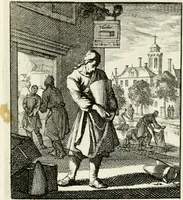 An illustration from Spiegel van 't menschelyk bedryf : vertonende hondert-verscheyde ambagten zeer konstig afgebeeld en met zeer zinryke spreuken en stigtelyke versen verrykt (1694)