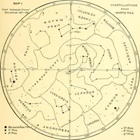 An illustration from Star atlas, containing stars visible to the naked eye and clusters, nebulae and double stars visible in small telescopes, together with variable stars, red stars, characteristic star groups, ancient constellation figures and an explanatory text (1896)