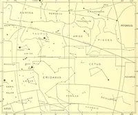 An illustration from Star atlas, containing stars visible to the naked eye and clusters, nebulae and double stars visible in small telescopes, together with variable stars, red stars, characteristic star groups, ancient constellation figures and an explanatory text (1896)