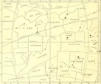 An illustration from Star atlas, containing stars visible to the naked eye and clusters, nebulae and double stars visible in small telescopes, together with variable stars, red stars, characteristic star groups, ancient constellation figures and an explanatory text (1896)