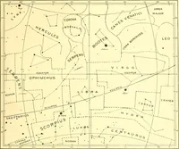 An illustration from Star atlas, containing stars visible to the naked eye and clusters, nebulae and double stars visible in small telescopes, together with variable stars, red stars, characteristic star groups, ancient constellation figures and an explanatory text (1896)