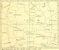 An illustration from Star atlas, containing stars visible to the naked eye and clusters, nebulae and double stars visible in small telescopes, together with variable stars, red stars, characteristic star groups, ancient constellation figures and an explanatory text (1896)