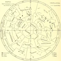 An illustration from Star atlas, containing stars visible to the naked eye and clusters, nebulae and double stars visible in small telescopes, together with variable stars, red stars, characteristic star groups, ancient constellation figures and an explanatory text (1896)