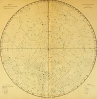 An illustration from Star atlas, containing stars visible to the naked eye and clusters, nebulae and double stars visible in small telescopes, together with variable stars, red stars, characteristic star groups, ancient constellation figures and an explanatory text (1896)