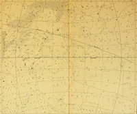An illustration from Star atlas, containing stars visible to the naked eye and clusters, nebulae and double stars visible in small telescopes, together with variable stars, red stars, characteristic star groups, ancient constellation figures and an explanatory text (1896)