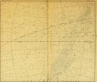 An illustration from Star atlas, containing stars visible to the naked eye and clusters, nebulae and double stars visible in small telescopes, together with variable stars, red stars, characteristic star groups, ancient constellation figures and an explanatory text (1896)
