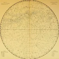 An illustration from Star atlas, containing stars visible to the naked eye and clusters, nebulae and double stars visible in small telescopes, together with variable stars, red stars, characteristic star groups, ancient constellation figures and an explanatory text (1896)