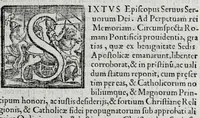 An illustration from Statvti, capitoli, et constitvtioni dell'Ordine de' cavalieri di santo Stefano, fondato & dotato dall'illustr. & eccell. s. Cosimo Medici, duca II. di Fiorenza, e di Siena, riformati dal sereniss. don Ferdinando Medici, terzo gran duca di Toscana, & gran maestro di detto Ordine. Et approuati, & publicati nel Capitolo generale di detto Ordine, l'anno M D XC. Con le facultà, indulti, & priuilegij concessi dalla Santità di Papa Pio IIII. & da N.S. Sisto Papa V. & dal suddetto fondatore. Con la tauola copiosissima delle materie, e capitoli (1595)