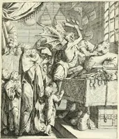 An illustration from Sterbensspiegel, das ist, Sonnenklare Vorstellung menschlicher Nichtigkeit durch alle Ständ und Geschlechter : vermitlest 60. dienstlicher Kupferblätteren, lehrzeicher Vberschrifften, und beweglicher zu vier stimmen aussgesetzter Todtengessängen (1650)