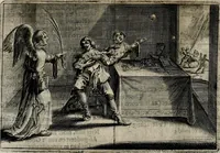 An illustration from Stichtelycke rymen, om te lesen ofte singhen. Onderscheyden in III deelen. Op nieuws over-sien en grootelijckx vermeerdert, oock de noten van druck-fauten ghecorrigeert, en verrijckt met vele copere figuren (1647)