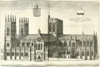 An illustration from A survey of the cathedrals of York, Durham, Carlisle, Chester, Man, Litchfield, Hereford, Worcester, Gloucester, Bristol, Lincoln, Ely, Oxford, Peterborough, Canterbury, Rochester, London, Winchester, Chichester, Norwich, Salisbury, Wells, Exeter, St. Davids, Landaff, Bangor, and St. Asaph : containing an history of their foundations, builders, antient monuments, and inscriptions, endowments, alienations, sales of lands, patronages ... : with an exact account of all the churches and chapels in each diocese, distinguished under their proper archdeaconries and deanries, to what saints dedicated, who patrons of them, and to what religious houses appropriated : the whole extracted from numerous collections out of the registers of every particular see ... : and illustrated with thirty-two curious draughts ... : in three volumes (1742)