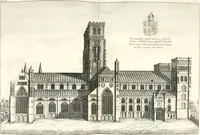 An illustration from A survey of the cathedrals of York, Durham, Carlisle, Chester, Man, Litchfield, Hereford, Worcester, Gloucester, Bristol, Lincoln, Ely, Oxford, Peterborough, Canterbury, Rochester, London, Winchester, Chichester, Norwich, Salisbury, Wells, Exeter, St. Davids, Landaff, Bangor, and St. Asaph : containing an history of their foundations, builders, antient monuments, and inscriptions, endowments, alienations, sales of lands, patronages ... : with an exact account of all the churches and chapels in each diocese, distinguished under their proper archdeaconries and deanries, to what saints dedicated, who patrons of them, and to what religious houses appropriated : the whole extracted from numerous collections out of the registers of every particular see ... : and illustrated with thirty-two curious draughts ... : in three volumes (1742)