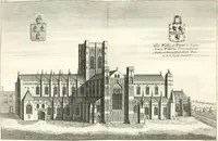 An illustration from A survey of the cathedrals of York, Durham, Carlisle, Chester, Man, Litchfield, Hereford, Worcester, Gloucester, Bristol, Lincoln, Ely, Oxford, Peterborough, Canterbury, Rochester, London, Winchester, Chichester, Norwich, Salisbury, Wells, Exeter, St. Davids, Landaff, Bangor, and St. Asaph : containing an history of their foundations, builders, antient monuments, and inscriptions, endowments, alienations, sales of lands, patronages ... : with an exact account of all the churches and chapels in each diocese, distinguished under their proper archdeaconries and deanries, to what saints dedicated, who patrons of them, and to what religious houses appropriated : the whole extracted from numerous collections out of the registers of every particular see ... : and illustrated with thirty-two curious draughts ... : in three volumes (1742)