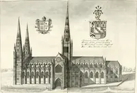 An illustration from A survey of the cathedrals of York, Durham, Carlisle, Chester, Man, Litchfield, Hereford, Worcester, Gloucester, Bristol, Lincoln, Ely, Oxford, Peterborough, Canterbury, Rochester, London, Winchester, Chichester, Norwich, Salisbury, Wells, Exeter, St. Davids, Landaff, Bangor, and St. Asaph : containing an history of their foundations, builders, antient monuments, and inscriptions, endowments, alienations, sales of lands, patronages ... : with an exact account of all the churches and chapels in each diocese, distinguished under their proper archdeaconries and deanries, to what saints dedicated, who patrons of them, and to what religious houses appropriated : the whole extracted from numerous collections out of the registers of every particular see ... : and illustrated with thirty-two curious draughts ... : in three volumes (1742)