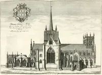 An illustration from A survey of the cathedrals of York, Durham, Carlisle, Chester, Man, Litchfield, Hereford, Worcester, Gloucester, Bristol, Lincoln, Ely, Oxford, Peterborough, Canterbury, Rochester, London, Winchester, Chichester, Norwich, Salisbury, Wells, Exeter, St. Davids, Landaff, Bangor, and St. Asaph : containing an history of their foundations, builders, antient monuments, and inscriptions, endowments, alienations, sales of lands, patronages ... : with an exact account of all the churches and chapels in each diocese, distinguished under their proper archdeaconries and deanries, to what saints dedicated, who patrons of them, and to what religious houses appropriated : the whole extracted from numerous collections out of the registers of every particular see ... : and illustrated with thirty-two curious draughts ... : in three volumes (1742)
