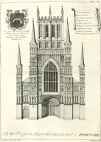 An illustration from A survey of the cathedrals of York, Durham, Carlisle, Chester, Man, Litchfield, Hereford, Worcester, Gloucester, Bristol, Lincoln, Ely, Oxford, Peterborough, Canterbury, Rochester, London, Winchester, Chichester, Norwich, Salisbury, Wells, Exeter, St. Davids, Landaff, Bangor, and St. Asaph : containing an history of their foundations, builders, antient monuments, and inscriptions, endowments, alienations, sales of lands, patronages ... : with an exact account of all the churches and chapels in each diocese, distinguished under their proper archdeaconries and deanries, to what saints dedicated, who patrons of them, and to what religious houses appropriated : the whole extracted from numerous collections out of the registers of every particular see ... : and illustrated with thirty-two curious draughts ... : in three volumes (1742)