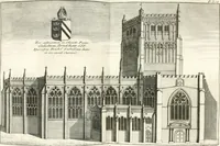 An illustration from A survey of the cathedrals of York, Durham, Carlisle, Chester, Man, Litchfield, Hereford, Worcester, Gloucester, Bristol, Lincoln, Ely, Oxford, Peterborough, Canterbury, Rochester, London, Winchester, Chichester, Norwich, Salisbury, Wells, Exeter, St. Davids, Landaff, Bangor, and St. Asaph : containing an history of their foundations, builders, antient monuments, and inscriptions, endowments, alienations, sales of lands, patronages ... : with an exact account of all the churches and chapels in each diocese, distinguished under their proper archdeaconries and deanries, to what saints dedicated, who patrons of them, and to what religious houses appropriated : the whole extracted from numerous collections out of the registers of every particular see ... : and illustrated with thirty-two curious draughts ... : in three volumes (1742)