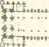 An illustration from A survey of the cathedrals of York, Durham, Carlisle, Chester, Man, Litchfield, Hereford, Worcester, Gloucester, Bristol, Lincoln, Ely, Oxford, Peterborough, Canterbury, Rochester, London, Winchester, Chichester, Norwich, Salisbury, Wells, Exeter, St. Davids, Landaff, Bangor, and St. Asaph : containing an history of their foundations, builders, antient monuments, and inscriptions, endowments, alienations, sales of lands, patronages ... : with an exact account of all the churches and chapels in each diocese, distinguished under their proper archdeaconries and deanries, to what saints dedicated, who patrons of them, and to what religious houses appropriated : the whole extracted from numerous collections out of the registers of every particular see ... : and illustrated with thirty-two curious draughts ... : in three volumes (1742)