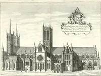An illustration from A survey of the cathedrals of York, Durham, Carlisle, Chester, Man, Litchfield, Hereford, Worcester, Gloucester, Bristol, Lincoln, Ely, Oxford, Peterborough, Canterbury, Rochester, London, Winchester, Chichester, Norwich, Salisbury, Wells, Exeter, St. Davids, Landaff, Bangor, and St. Asaph : containing an history of their foundations, builders, antient monuments, and inscriptions, endowments, alienations, sales of lands, patronages ... : with an exact account of all the churches and chapels in each diocese, distinguished under their proper archdeaconries and deanries, to what saints dedicated, who patrons of them, and to what religious houses appropriated : the whole extracted from numerous collections out of the registers of every particular see ... : and illustrated with thirty-two curious draughts ... : in three volumes (1742)