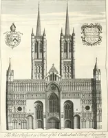 An illustration from A survey of the cathedrals of York, Durham, Carlisle, Chester, Man, Litchfield, Hereford, Worcester, Gloucester, Bristol, Lincoln, Ely, Oxford, Peterborough, Canterbury, Rochester, London, Winchester, Chichester, Norwich, Salisbury, Wells, Exeter, St. Davids, Landaff, Bangor, and St. Asaph : containing an history of their foundations, builders, antient monuments, and inscriptions, endowments, alienations, sales of lands, patronages ... : with an exact account of all the churches and chapels in each diocese, distinguished under their proper archdeaconries and deanries, to what saints dedicated, who patrons of them, and to what religious houses appropriated : the whole extracted from numerous collections out of the registers of every particular see ... : and illustrated with thirty-two curious draughts ... : in three volumes (1742)