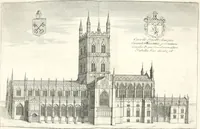 An illustration from A survey of the cathedrals of York, Durham, Carlisle, Chester, Man, Litchfield, Hereford, Worcester, Gloucester, Bristol, Lincoln, Ely, Oxford, Peterborough, Canterbury, Rochester, London, Winchester, Chichester, Norwich, Salisbury, Wells, Exeter, St. Davids, Landaff, Bangor, and St. Asaph : containing an history of their foundations, builders, antient monuments, and inscriptions, endowments, alienations, sales of lands, patronages ... : with an exact account of all the churches and chapels in each diocese, distinguished under their proper archdeaconries and deanries, to what saints dedicated, who patrons of them, and to what religious houses appropriated : the whole extracted from numerous collections out of the registers of every particular see ... : and illustrated with thirty-two curious draughts ... : in three volumes (1742)