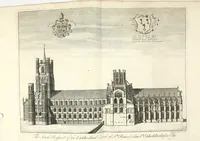 An illustration from A survey of the cathedrals of York, Durham, Carlisle, Chester, Man, Litchfield, Hereford, Worcester, Gloucester, Bristol, Lincoln, Ely, Oxford, Peterborough, Canterbury, Rochester, London, Winchester, Chichester, Norwich, Salisbury, Wells, Exeter, St. Davids, Landaff, Bangor, and St. Asaph : containing an history of their foundations, builders, antient monuments, and inscriptions, endowments, alienations, sales of lands, patronages ... : with an exact account of all the churches and chapels in each diocese, distinguished under their proper archdeaconries and deanries, to what saints dedicated, who patrons of them, and to what religious houses appropriated : the whole extracted from numerous collections out of the registers of every particular see ... : and illustrated with thirty-two curious draughts ... : in three volumes (1742)