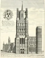 An illustration from A survey of the cathedrals of York, Durham, Carlisle, Chester, Man, Litchfield, Hereford, Worcester, Gloucester, Bristol, Lincoln, Ely, Oxford, Peterborough, Canterbury, Rochester, London, Winchester, Chichester, Norwich, Salisbury, Wells, Exeter, St. Davids, Landaff, Bangor, and St. Asaph : containing an history of their foundations, builders, antient monuments, and inscriptions, endowments, alienations, sales of lands, patronages ... : with an exact account of all the churches and chapels in each diocese, distinguished under their proper archdeaconries and deanries, to what saints dedicated, who patrons of them, and to what religious houses appropriated : the whole extracted from numerous collections out of the registers of every particular see ... : and illustrated with thirty-two curious draughts ... : in three volumes (1742)