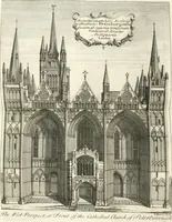 An illustration from A survey of the cathedrals of York, Durham, Carlisle, Chester, Man, Litchfield, Hereford, Worcester, Gloucester, Bristol, Lincoln, Ely, Oxford, Peterborough, Canterbury, Rochester, London, Winchester, Chichester, Norwich, Salisbury, Wells, Exeter, St. Davids, Landaff, Bangor, and St. Asaph : containing an history of their foundations, builders, antient monuments, and inscriptions, endowments, alienations, sales of lands, patronages ... : with an exact account of all the churches and chapels in each diocese, distinguished under their proper archdeaconries and deanries, to what saints dedicated, who patrons of them, and to what religious houses appropriated : the whole extracted from numerous collections out of the registers of every particular see ... : and illustrated with thirty-two curious draughts ... : in three volumes (1742)